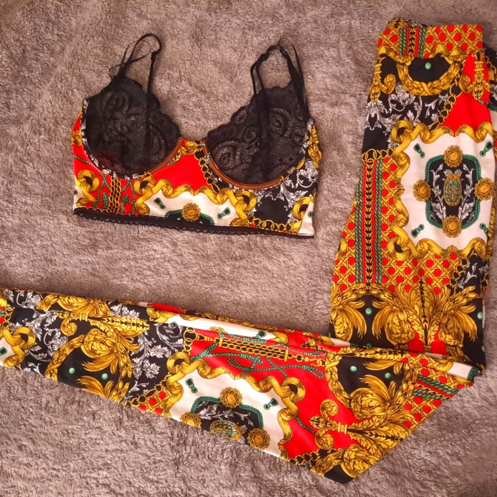 2 piece red/black/gold pant set
